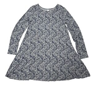 OLD NAVY Long Sleeve Swing Dress Gray Scoop Neck Navy Floral Paisley Women's L‎